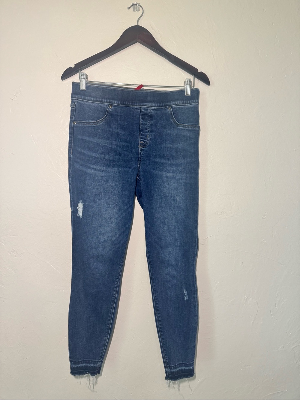 SPANX Petite Large Pull On Skinny Jeans Blue Distressed Raw Hem Stretch Denim